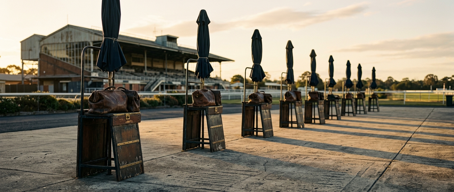 An empty racecourse betting ring with bookmakers' stands and furled umbrellas
